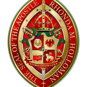 A red and gold seal of the apostle rhonda m. Holloway