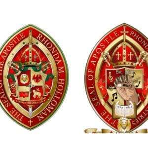Two red and gold shields with a crown on top of them.