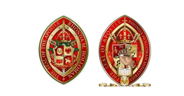 Two red and gold shields with a crown on top of them.