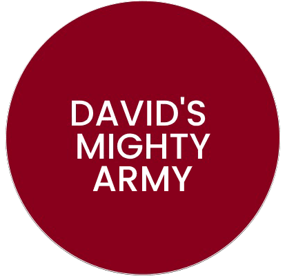 A red circle with the words " david 's mighty army ".